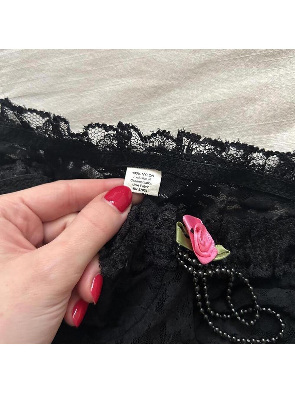 Black lace babydoll dress with pink rose and beaded details Size small - Picture 3 of 8